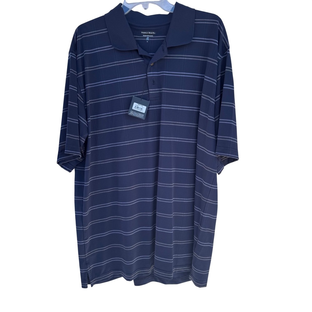 NWT Pebble Beach Performance Mens XL Navy‎ Blue Stripe Golf Polo Shirt